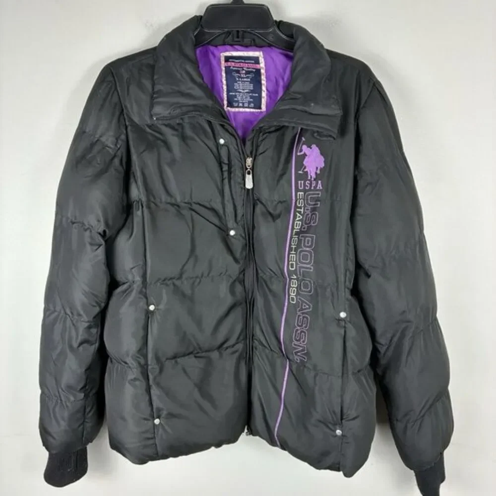 U.S. Polo‎ Assn Girls Puffer Coat Jacket Black Purple Quilted XL /16